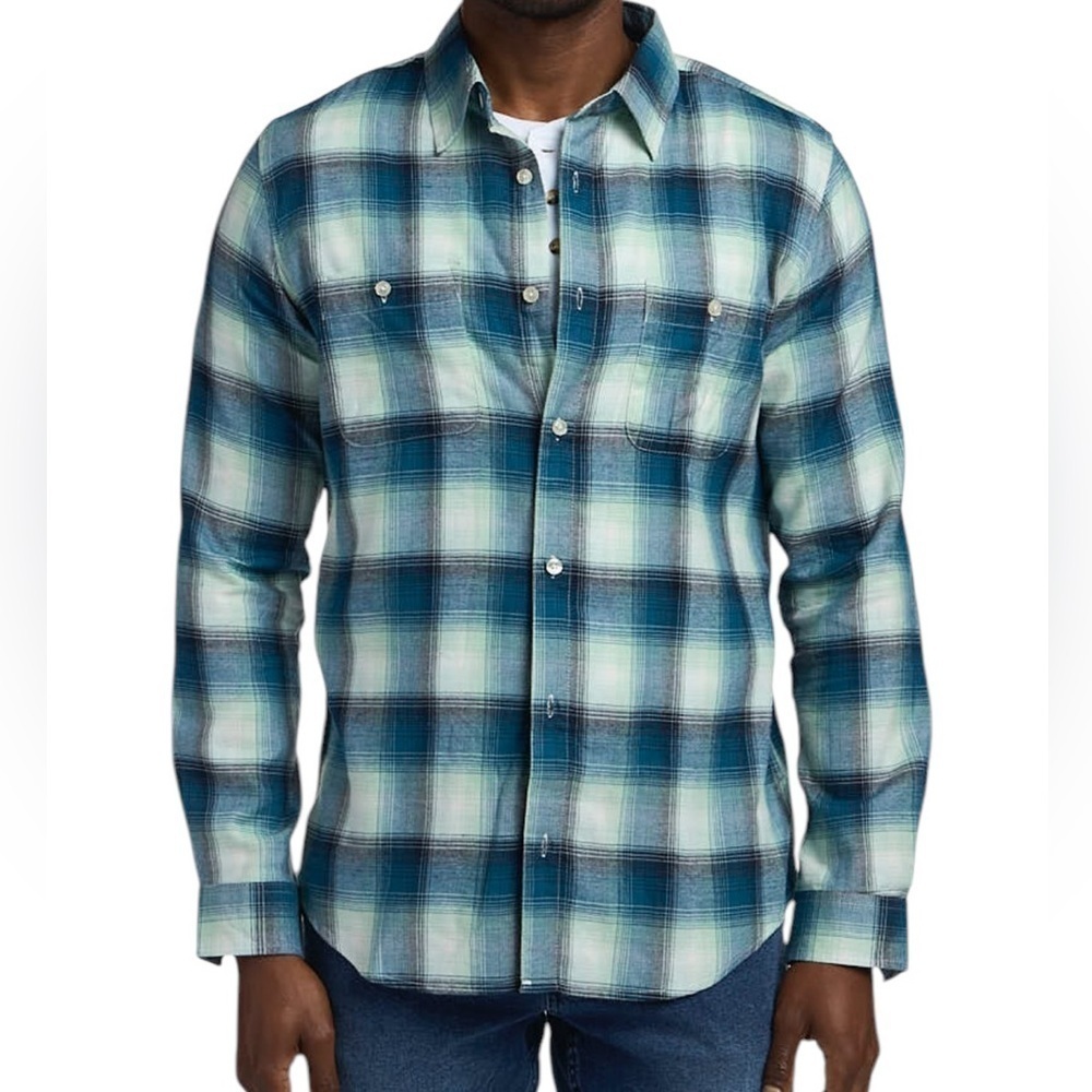 Ben Sherman Men's Classic Fit Peached Twill Plaid Shirt in Wedgwood Size XXL